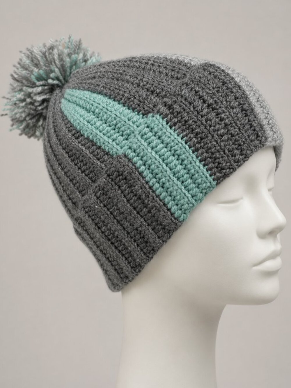 Gray Mint Crochet Knit Pom Pom Beanie Winter Hat Cozy Textured Style